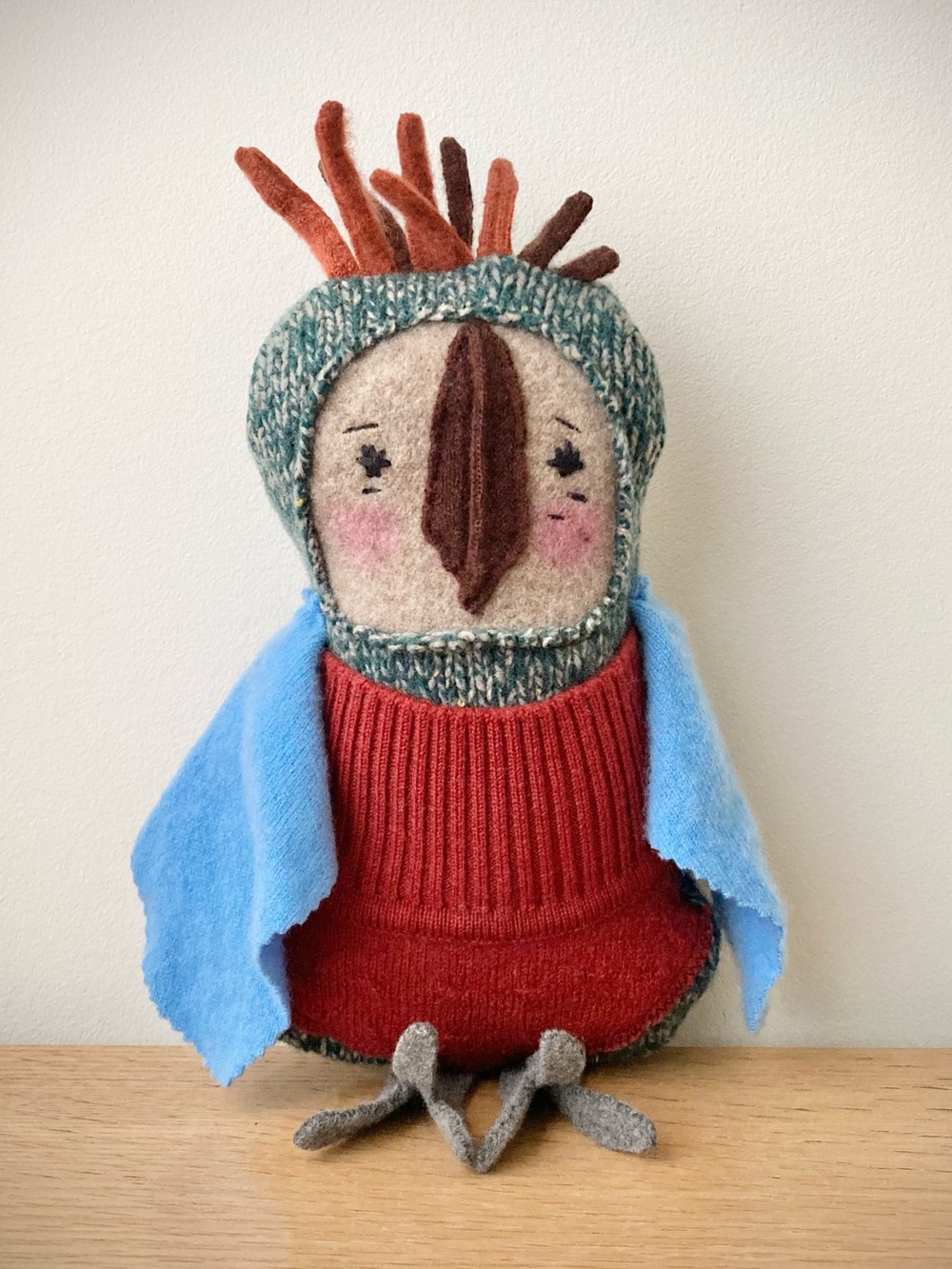 joodito green blue owl reclaimed wool cashmere sweater pillow folk art rag doll